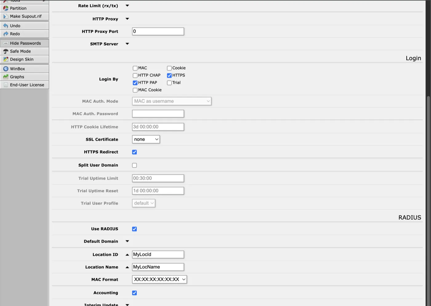 Тот же профиль ниже: галочка Use RADIUS и Accounting — без них роутер не спросит iWiFi о госте и не пришлёт данные о сессии