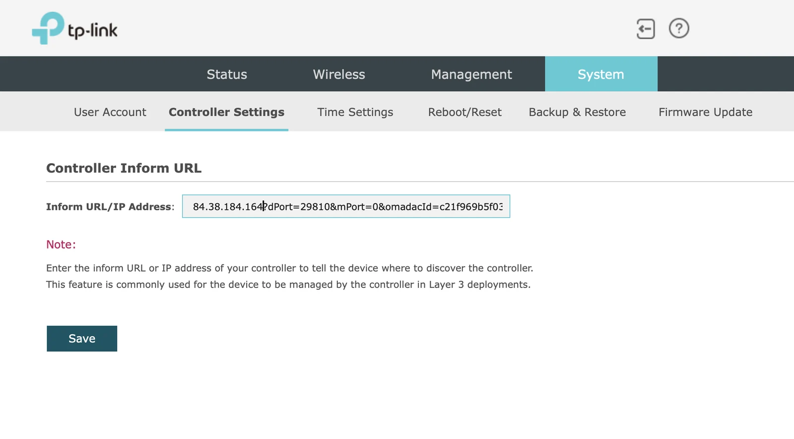 Веб-интерфейс точки Omada: поле Controller Inform URL — вместо 0.0.0.0 вписан адрес контроллера, после этого точка находит его через интернет
