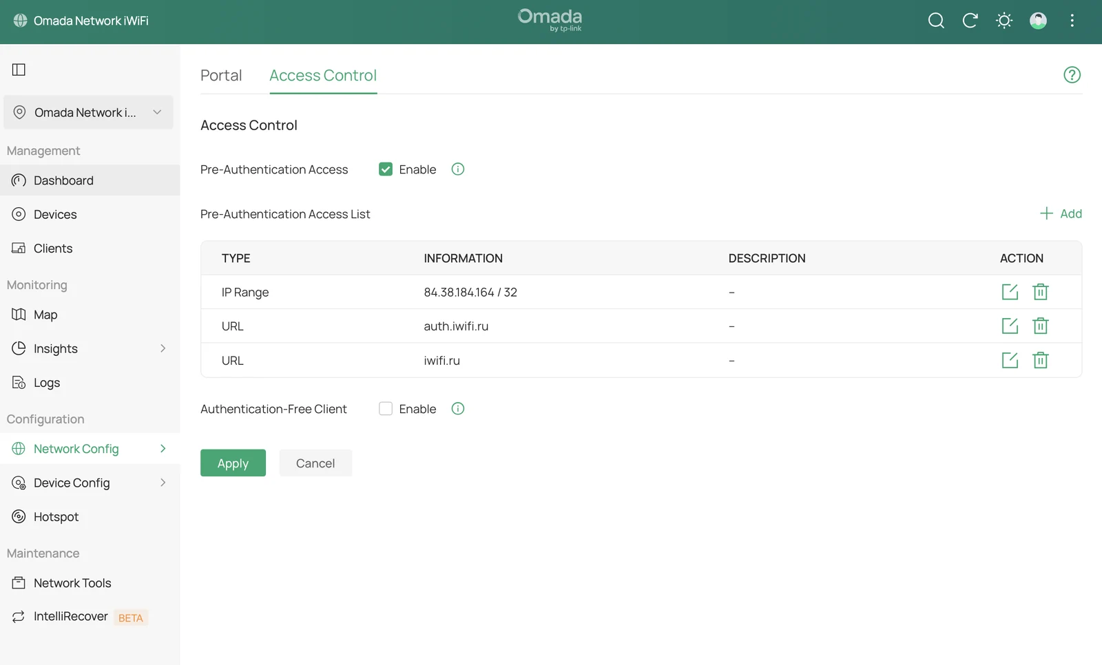 Контроль доступа портала в Omada 6.x: работает запись типа IP Range с адресом iWiFi, записи по домену на HTTPS бесполезны