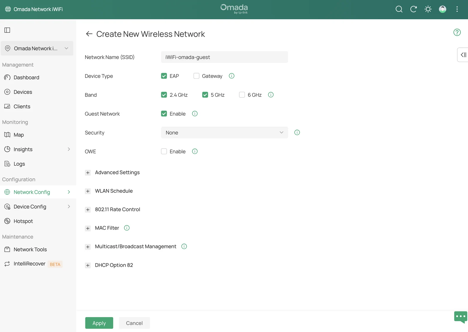 Создание гостевой сети в Omada: включённый Guest Network и защита None — сеть открытая, вход гость проходит на странице портала