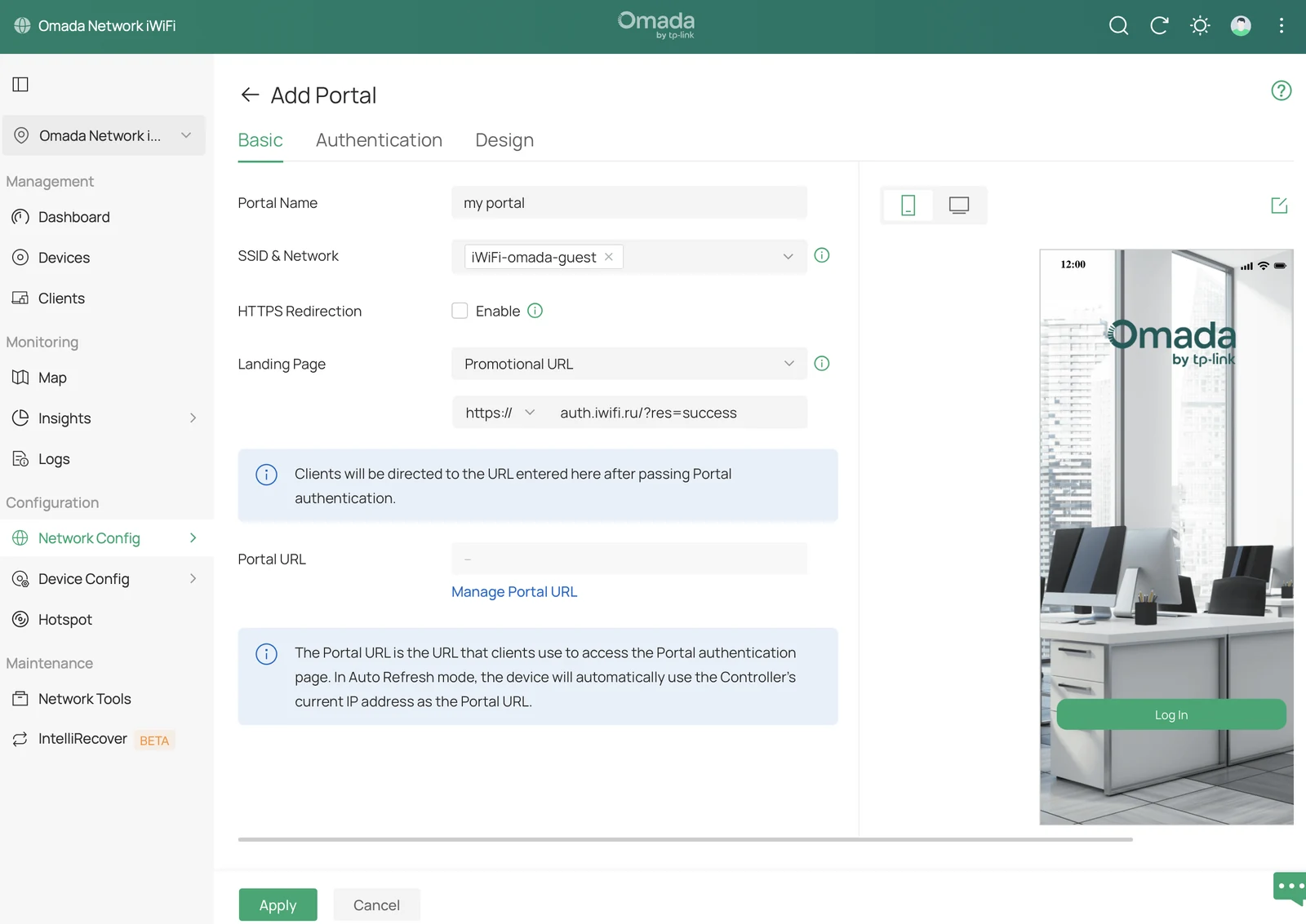 Omada 6.x, вкладка Basic: Landing Page → The Promotional URL с адресом страницы iWiFi — сюда контроллер отправит гостя после входа
