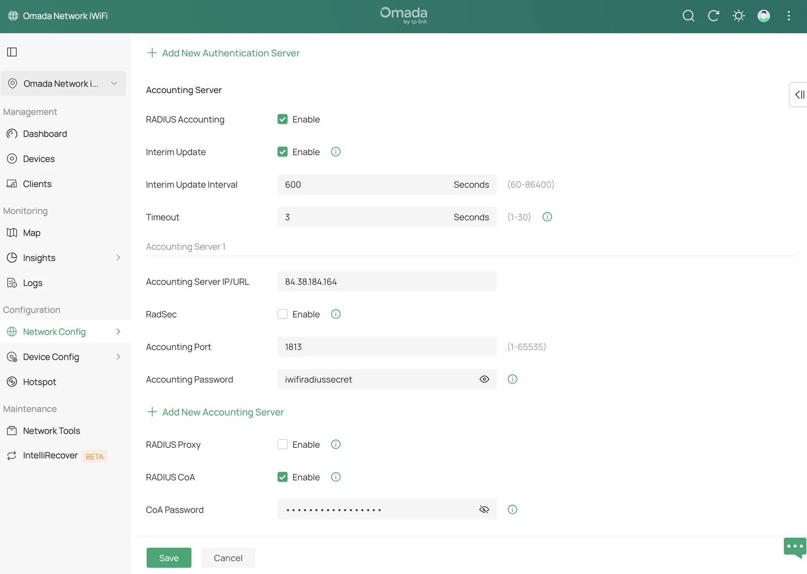 Профиль RADIUS в Omada 6.x, нижняя часть формы: включённый RADIUS CoA и пароль CoA — тот же секрет, что для аутентификации и учёта