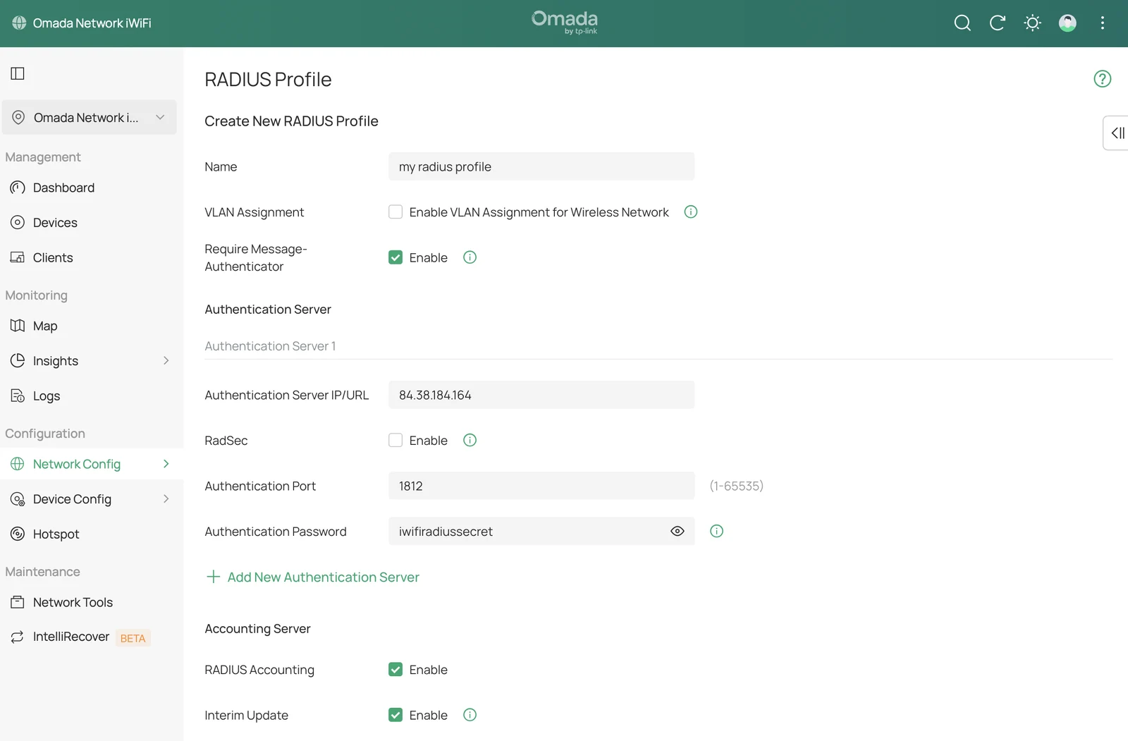 Профиль RADIUS в контроллере Omada 6.x: адрес сервера iWiFi, порт 1812, секрет и включённые «Учёт RADIUS» с промежуточным обновлением