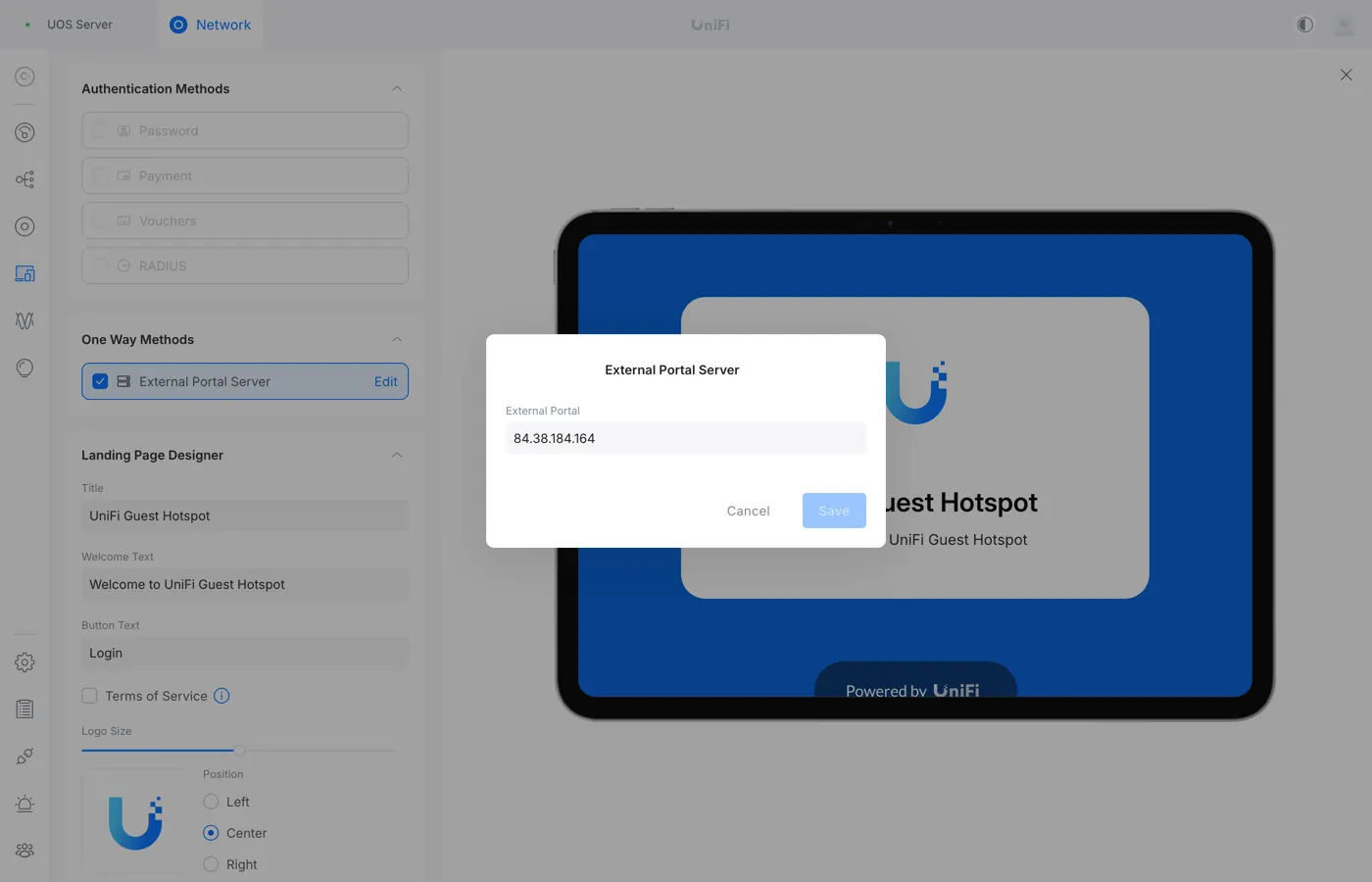 Адрес сервера iWiFi вписывается в единственное поле External Portal