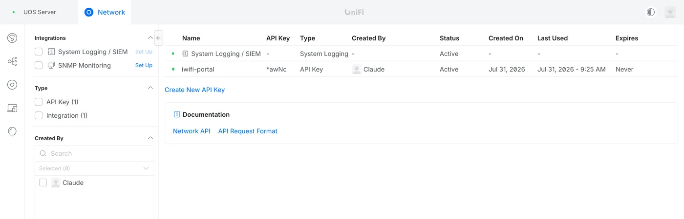 Контроллер UniFi OS: приложение Network → Integrations — здесь создаётся API-ключ для iWiFi