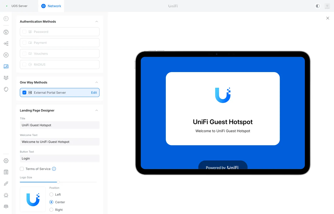 Раздел Clients → Hotspot → Landing Page: галочка External Portal Server в блоке One Way Methods